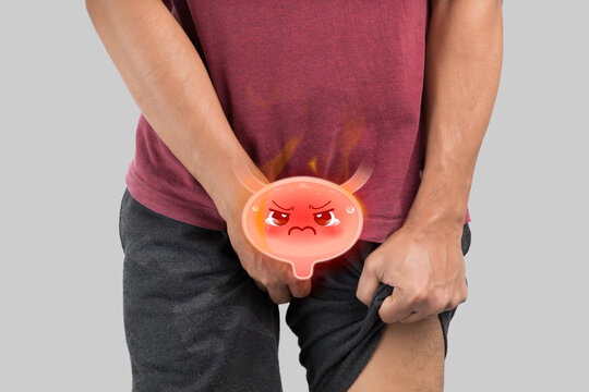 A man holding his lower abdomen showing bladder inflammation and pain symptoms using a cute angry bladder cartoon to represent health problems.