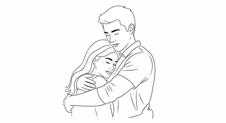 Line drawing of a man hugging a woman from behind with a gentle expression on a plain white background.