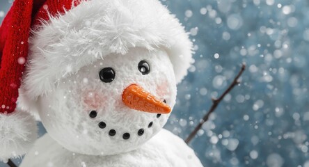 Naklejka premium Close up shot of a playful snowman with a Santa hat