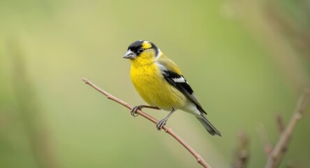 Fototapeta premium An energetic goldfinch sitting on a thin woody stem surrounded by a mild green blurred background