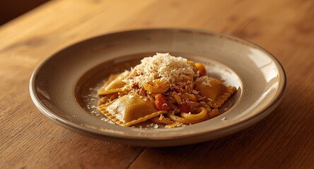 Classic ravioli meal enhanced by a generous parmesan topping