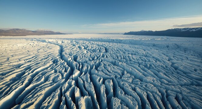 Aerial imagery depicting serene glaciers accompanied by textured ice patterns