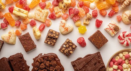 Naklejka premium Bright and varied candy pieces alongside rich chocolate treats displayed on a white backdrop for festive moods