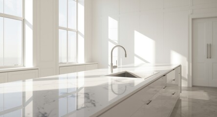 Fototapeta premium Elegant white marble kitchen countertop with integrated sink and faucet