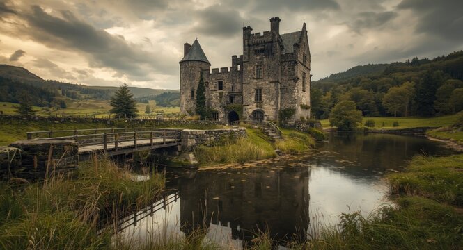 An ancient castle with a moat and drawbridge in a fantasy realm