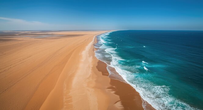Elevated shot showing desert landscape converging with sea