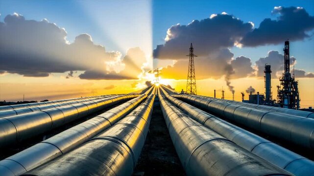 Pipelines stretch toward sunset as sun rays burst through clouds, industrial complex in view
