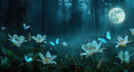 Fototapeta premium Enchanting fairy tale scene with morpho butterflies and luminous lilies under a glowing moon