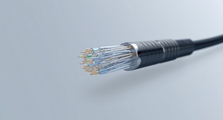 High resolution 3D depiction of an optical fiber cable with visible internal strands