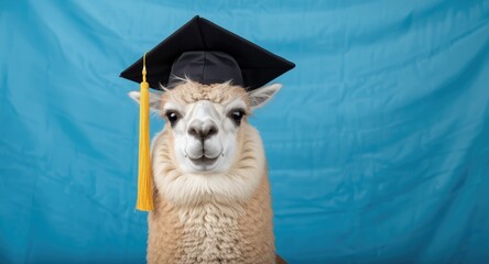 Naklejka premium Confident llama in graduation attire highlighted by a bright blue cheerful backdrop