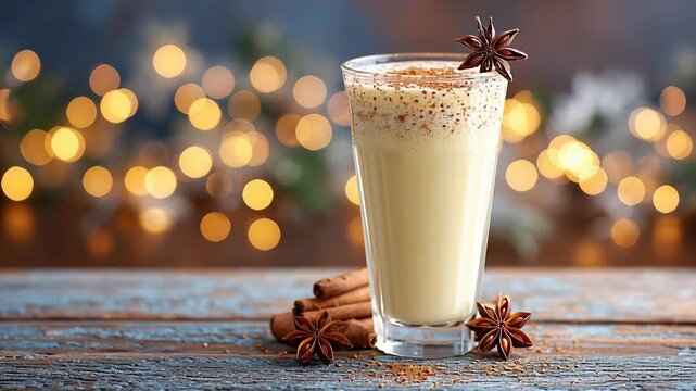 Creamy Holiday Eggnog with Cinnamon and Warm Festive Bokeh
