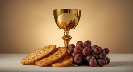 Golden chalice with fresh grapes and bread wafers used in religious sacrament