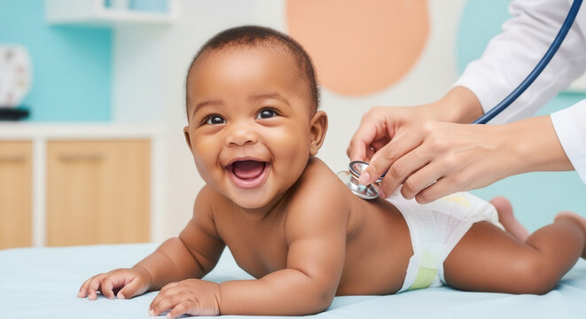 African American infant smiling during medical checkup, pediatric healthcare and trust in modern clinic