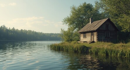 Obraz premium Classic photographic print of an old wooden cottage near calm waters
