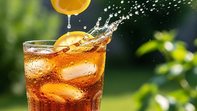 Refreshing iced tea splash with lemon slice in glass on sunny outdoor background