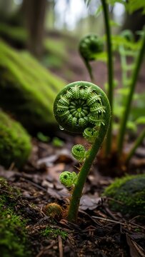 Spiraling Fern Frond in Lush Forest Floor Nature