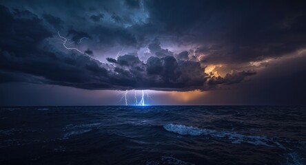 Dramatic lightning bolt cutting through stormy sky lighting up the vast ocean surface