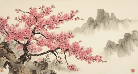 Ink brush painting of sakura trees with a mist covered mountain background