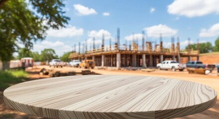 Fototapeta premium Empty round wooden tabletop with blurred construction site background for product display
