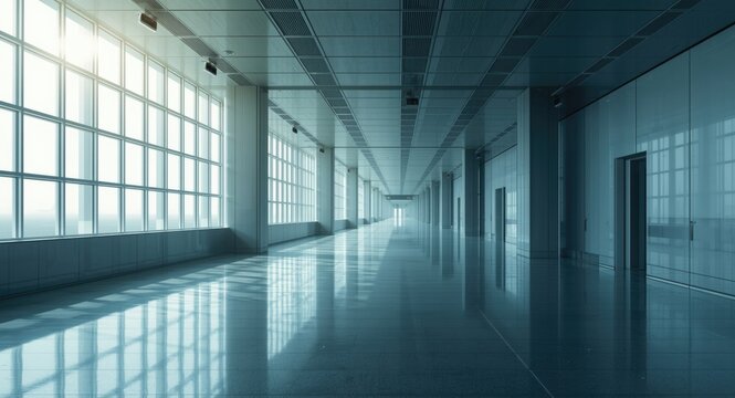 Airport building corridor observed by security camera system with empty walkway and natural light copy space