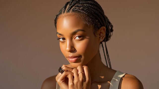 Confident woman posing with elegant braided hairstyle in natural light