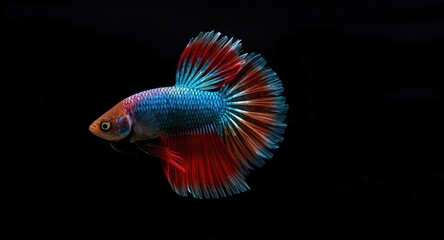 Fototapeta premium Betta fish with bright fins swimming on deep black background