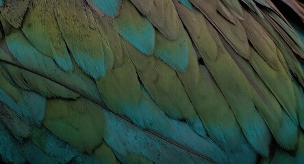 Obraz premium Close view of bird feathers showcasing textured surfaces with turquoise vintage and green hues
