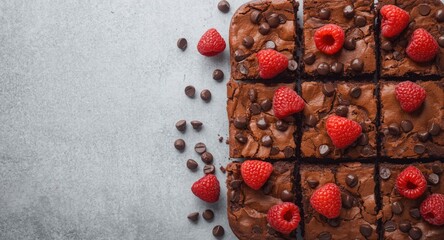 Homemade chocolate brownies adorned with fresh raspberries and chocolate chips on a soft gray textured backdrop with copy space