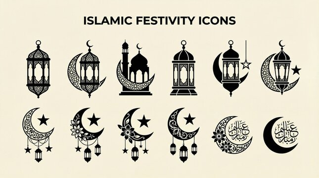 Islamic lantern and crescent moon icon set with twelve black silhouette designs featuring intricate patterns, stars, and decorative motifs associated with Ramadan and Eid.