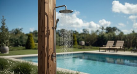 Elegant outdoor shower setup on a timber post for poolside rinsing