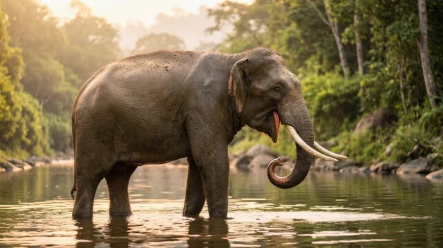 Asian elephant standing in a calm river at sunrise in lush tropical rainforest.