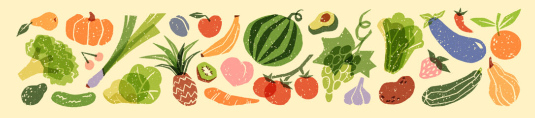 Doodle set of abstract tropical fruit and vegetables. Different agricultural crops: broccoli, apple, eggplant, tomato, potato, pumpkin. Healthy farm food. Flat isolated hand drawn vector illustrations © Paper Trident