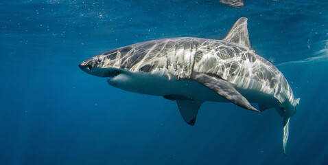 Great white shark cruising in deep blue Pacific waters near Guadalupe Island, Mexico. Underwater wildlife scene with dramatic light rays and ocean surface, powerful marine predator in natural habitat