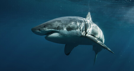 Fototapeta premium Great white shark cruising in deep blue Pacific waters near Guadalupe Island, Mexico. Underwater wildlife scene with dramatic light rays and ocean surface, powerful marine predator in natural habitat