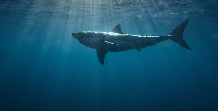 Great white shark cruising in deep blue Pacific waters near Guadalupe Island, Mexico. Underwater wildlife scene with dramatic light rays and ocean surface, powerful marine predator in natural habitat