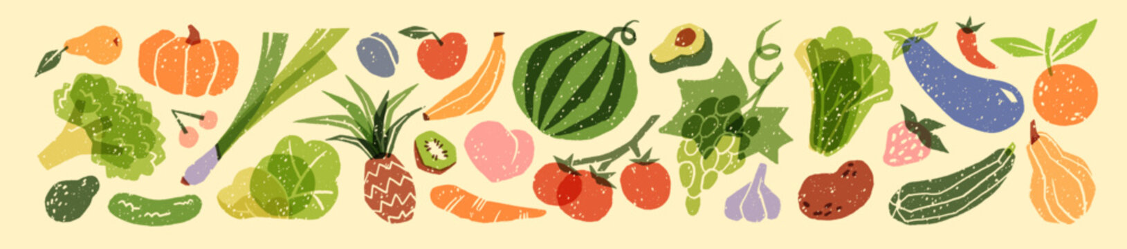Doodle set of abstract tropical fruit and vegetables. Different agricultural crops: broccoli, apple, eggplant, tomato, potato, pumpkin. Healthy farm food. Flat isolated hand drawn vector illustrations