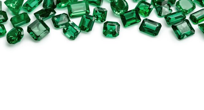 Green cut gemstones including emeralds and tourmalines in assorted shapes placed over white minimalistic background with copy space