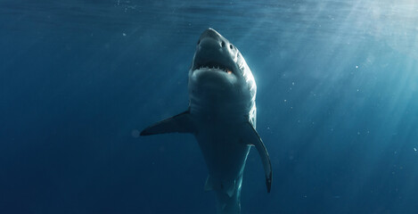 Underwater view of a great white shark swimming in the Pacific Ocean by Guadalupe Island, Mexico. Clear blue water, sunbeams and open sea create a cinematic wildlife moment.