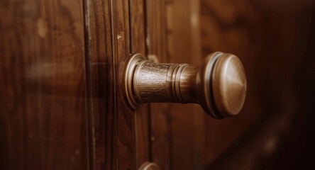 Obraz premium Interior perspective of a finely crafted wooden door handle close up