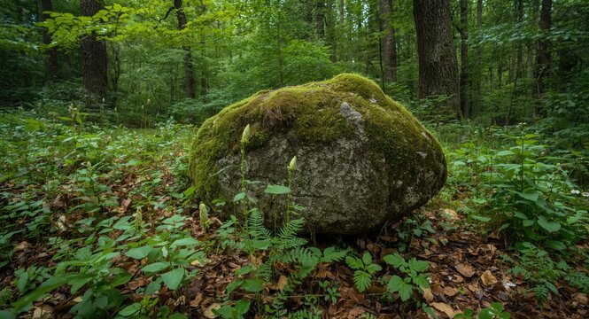 Greenery filled forest with a central moss covered boulder and fresh sprouts