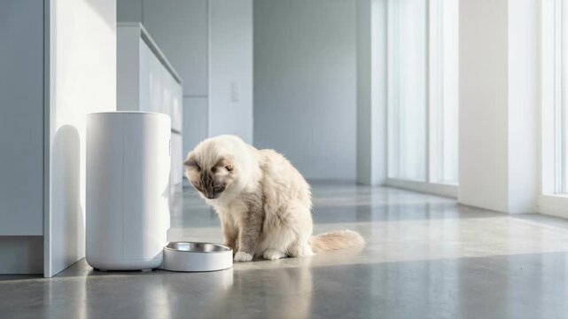 Fluffy white cat waiting for food from automatic dispenser. Cute pet eating dry kibble from smart feeder bowl in modern kitchen. Smart home technology for animal care concept