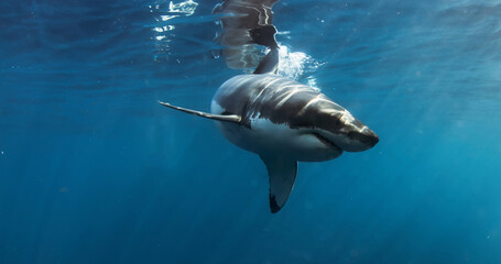 Great white shark in open ocean near Guadalupe Island, Mexico. Underwater photography of apex predator gliding through blue water with sunlight rays and dramatic marine atmosphere.