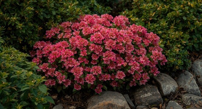Bright sedum petals blooming in fall garden with dense green foliage and natural stones