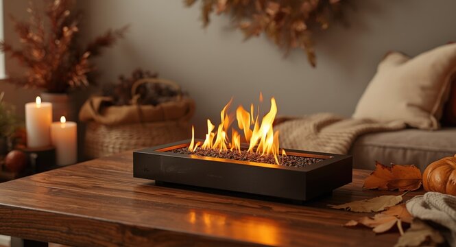 Bio ethanol fireplace on wooden table enhanced with warm autumn home styling
