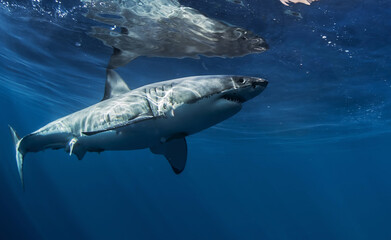 Wild great white shark underwater in the Pacific Ocean, Guadalupe Island, Mexico. Marine predator in clear blue sea with sunlight beams, realistic wildlife and ocean adventure scene.