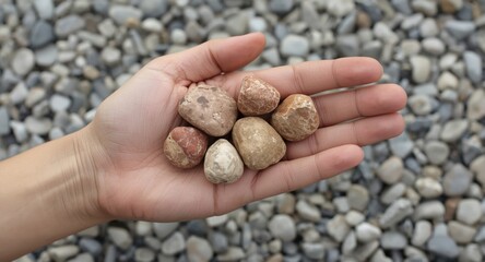 Hand gripping multiple bentonite stones exhibiting raw textures and subtle color shifts against a softly blurred pebble ground