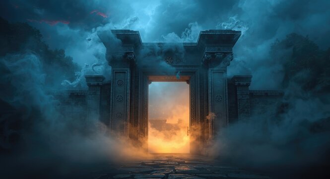 A mystical gateway surrounded by swirling smoke inviting exploration