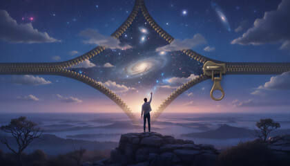 Giant Zipper Unzipping Sky Revealing Space Behind - Reality Perception Concept