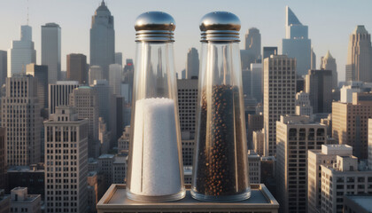 Giant Salt Pepper Shaker Twin Towers in City Skyline - Minimalist Architecture