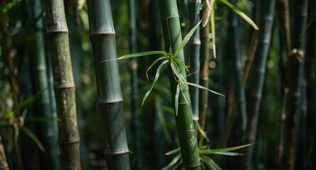 Close look at fortunate bamboo stems emerging in wild nature